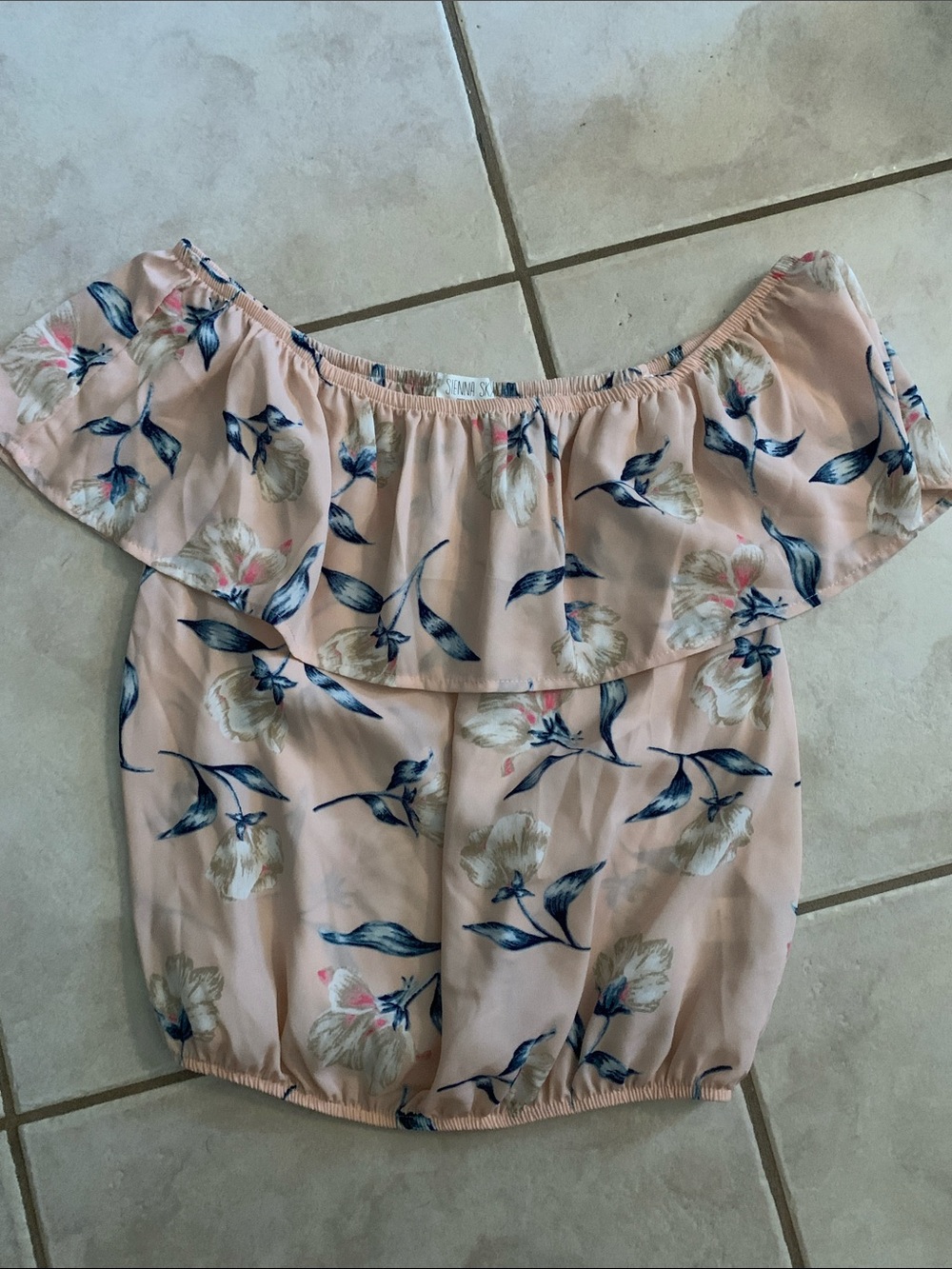 Sienna Sky Peach Floral Off-Shoulder Top with Navy Accents
